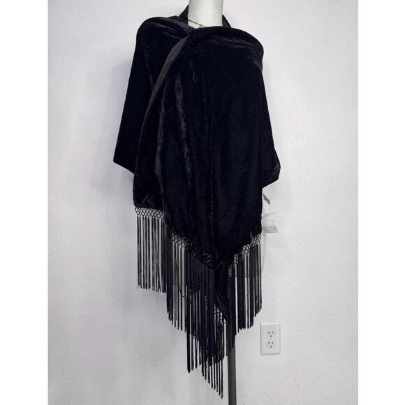 Vintage Black Velvet Fringe Beads Shawl Wrap Cape 90s Gothic Glam Whimsigoth - Picture 8 of 8